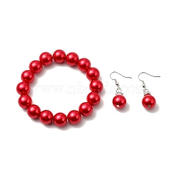 Valentines Gift for Girlfriend Glass Pearl Jewelry Sets Earrings & Bracelets, with Middle East Rhinestone and Brass Earring Hooks, Crimson, Bracelets: about 55mm inner diameter, Earrings: about 40mm long(SJEW-JS00265-20)
