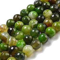 Faceted Natural Banded Agate Beads Strands, Round, Dyed & Heated, Yellow Green, 12mm, Hole: 1.6mm, about 31pcs/strand, 14.76''(37.5cm)(G-F447-12mm-O05)