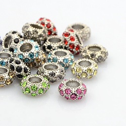 Platinum Plated Alloy Grade A Rhinestone European Beads, Large Hole Beads, Rondelle, Mixed Color, 11x6mm, Hole: 5mm(CPDL-J022-11x6mm-P)