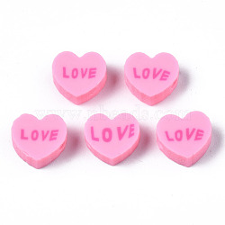 Handmade Polymer Clay Beads, Heart with Word Love, Pearl Pink, 8~8.5x9~9.5x4.5mm, Hole: 1.8mm(CLAY-N008-032F)