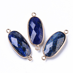 Natural Lapis Lazuli Links Connectors, with Light Gold Plated Edge Brass Loops, Oval, Faceted, 27x11x5.5mm, Hole: 2mm(G-R472-03B)