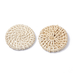Handmade Reed Cane/Rattan Woven Beads, For Making Straw Earrings and Necklaces, No Hole/Undrilled, Bleach, Flat Round, Antique White, 37~42x5~7mm(WOVE-Q075-20)