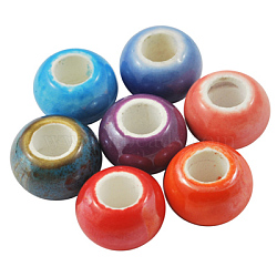 Handmade Porcelain European Beads, Large Hole Beads, No Metal Core, Pearlized Plated, Round/Rondelle, Mixed Color, about 13.5mm in diameter, 8.5mm thick, hole: 5mm(X-CFPDL097Y)