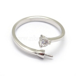 925 Sterling Silver Finger Ring Components, For Half Drilled Beads, with Cubic Zirconia, Platinum, Size 7, 17mm, Tray: 2mm, Pin: 0.7~1mm(STER-P042-24P)