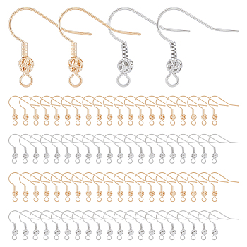 140Pcs 2 Colors Brass French Hooks with Coil and Ball, with Horizontal Loop, Real Gold Plated & Real Platinum Plated, 21x21x4mm, Hole: 2mm, Pin: 0.8mm, 70Pcs/color