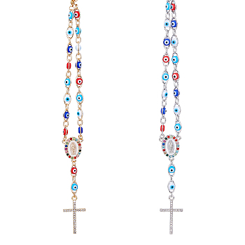 2Pcs 2 Colors Alloy Rhinestone Cross Charm Bracleet with Colorful Resin Evil Eye Beaded Chains, Rosary Beaded Bracelet with Brass Chains, Platinum & Light Gold, 10-7/8 inch(27.6cm), 1Pc/color