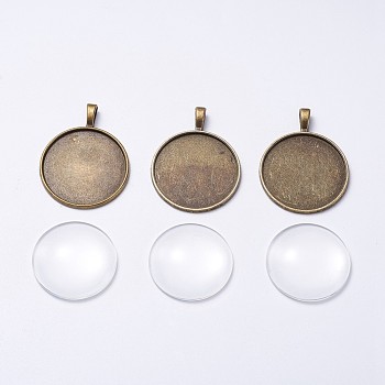 DIY Pendant Making, Tibetan Style Alloy Pendant Cabochon Settings and Transparent Glass Cabochons, Flat Round, Antique Bronze, Tray: 30mm, 42x33x2mm, Hole: 3.5x5mm, 29.5x7mm
