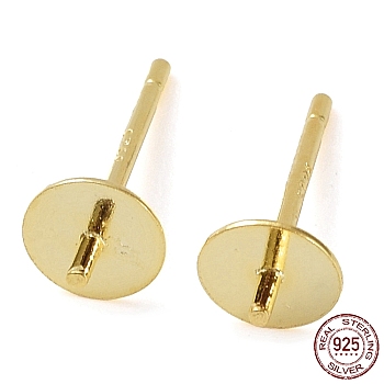 925 Sterling Silver Stud Earring Findings, Flat Pad, for Half Drilled Bead, with S925 Stamp, Real 18K Gold Plated, 12.5x5mm, Pin: 0.7mm