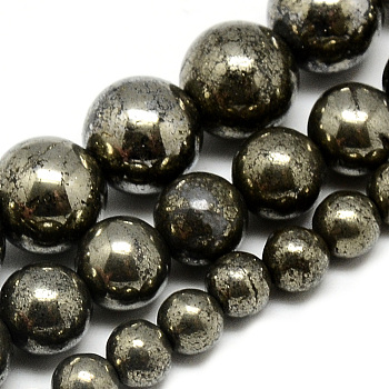Natural Pyrite Beads Strands, Round, Dark Slate Gray, 6mm, Hole: 1mm, about 66pcs/strand, 16.3 inch(41.4cm)