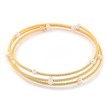 Three-Loops Brass & Natural Freshwater Pearl Beaded Wrap Bracelets for Women, Golden, Inner Diameter: 2 inch(5.2cm)