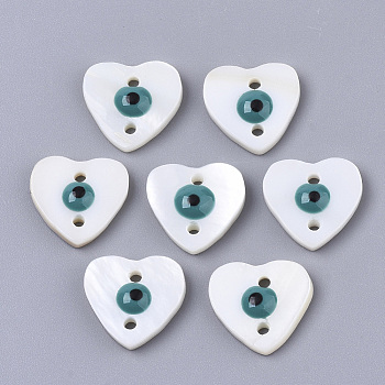 Freshwater Shell Links Connectors, with Enamel, Heart with Evil Eye, Dark Cyan, 12x12~13x3.5mm, Hole: 1.4mm