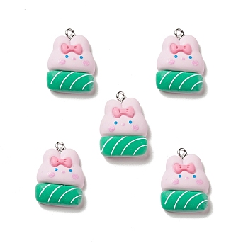 Opaque Resin Pendants, with Platinum Tone Iron Loops, Rabbit Charm, Pink, 24x17x7mm, Hole: 2mm