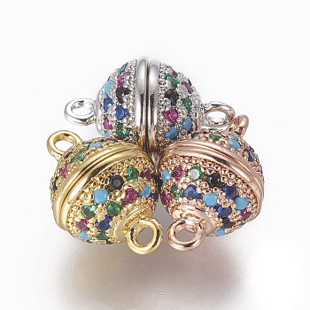 Brass Micro Pave Cubic Zirconia Magnetic Clasps with Loops, Round, Colorful, Mixed Color, 13.5x8.5mm, Hole: 1.2~1.4mm