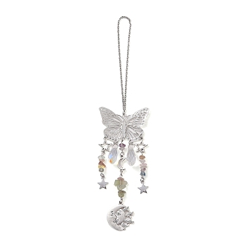 Natural Fluorite Butterfly Hanging Suncatcher Pendant Decoration, Sun Star Crystal Ball Prism Pendants, 230mm