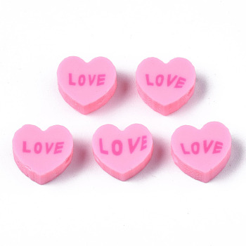 Handmade Polymer Clay Beads, Heart with Word Love, Pearl Pink, 8~8.5x9~9.5x4.5mm, Hole: 1.8mm