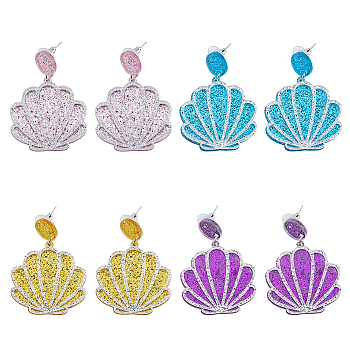 4 Pairs 4 Colors Sparkling Resin Shell Shape Dangle Stud Earrings for Women, Mixed Color, 47x35mm, 1 Pair/color