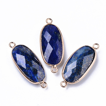 Natural Lapis Lazuli Links Connectors, with Light Gold Plated Edge Brass Loops, Oval, Faceted, 27x11x5.5mm, Hole: 2mm
