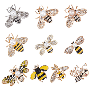 NBEADS Alloy Enamel Bee Brooches, with Rhinestone and Plastic Beads, Mixed Color, 10pcs/box
