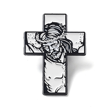Religion Enamel Pins, Black Alloy Brooch for Backpack Clothes, Cross & Jesus, 30.5x23.5x1.5mm