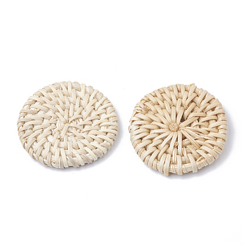 Handmade Reed Cane/Rattan Woven Beads, For Making Straw Earrings and Necklaces, No Hole/Undrilled, Bleach, Flat Round, Antique White, 37~42x5~7mm