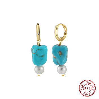 Natural Turquoise Beaded Hoop Earrings, with 925 Sterling Silver Earring Hoop, Real 14K Gold Plated, 31x10~11mm