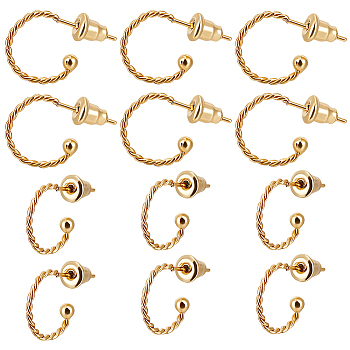 30Pcs 304 Stainless Steel Round Twist Stud Earrings, Half Hoop Earrings for Women, with 30Pcs 304 Stainless Steel Ear Nuts, Real 18K Gold Plated, 12.5x18.5x1.2mm, Pin: 0.7mm