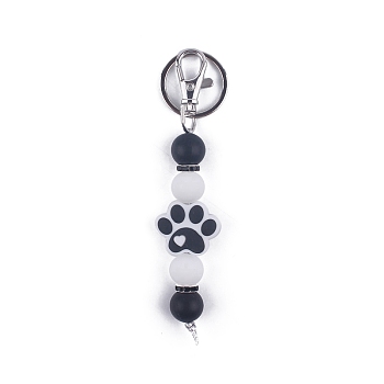 Round & Dog Paw Print Silicone Beaded Keychain, with Iron Findings, for Car Backpack Pendant Accessories, WhiteSmoke, 11.5cm