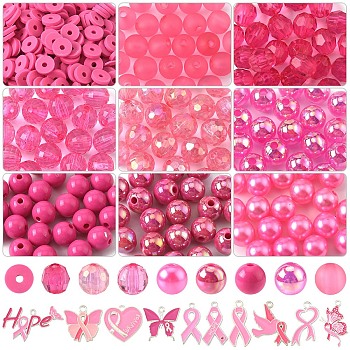 Breast Cancer Pink Awareness Ribbon Theme Alloy Enamel Pendants & Acrylic & Polymer Clay Beads Finding Kits, Deep Pink, 6x1mm, Hole: 2mm, 13g