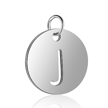 304 Stainless Steel Charms, Flat Round with Letter, Stainless Steel Color, Letter.J, 12x1mm, Hole: 2.5mm