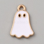 Halloween Alloy Enamel Pendants, Light Gold, Ghost Charm, White, 14x9.5x1.5mm, Hole: 1.2mm(FIND-WH20015-011D)