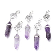 Natural Amethyst Pointed Big Pendants, Double Terminated Pointed, with Platinum Plated Brass Findings, Faceted, Bullet, 59~67x14~15mm, Hole: 7x5mm, Gemstone: 41~44x8mm(G-D0021-01P-06)