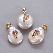 Natural Cultured Freshwater Pearl Pendants, with Brass Micro Pave Cubic Zirconia Findings, Nuggets with Letter, Long-Lasting Plated, Golden, Colorful, Letter.P, 17~27x12~16x6~12mm, Hole: 4x2.5mm(KK-L187-B-01P)