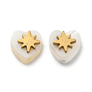 Natural Shell Heart Beads, with 304 Stainless Steel Star Ornament, Real 18K Gold Plated, 6x6x3.5mm, Hole: 0.6mm(BSHE-Z004-03)