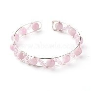 Natural Rose Quartz Beads Reiki Healing Cuff Bangle, Copper Wire Wrap Open Bangle, Stainless Steel Color, Inner Diameter: 2-1/8 inch(5.5cm)(X1-BJEW-TA00023-01)