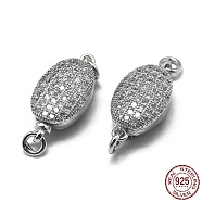 Rhodium Plated 925 Sterling Silver Bayonet Clasps, with 925 Stamp, with Cubic Zirconia, Oval, Clear, Platinum, 16.5x8x5.5mm, Hole: 1.5mm(STER-L057-011P)