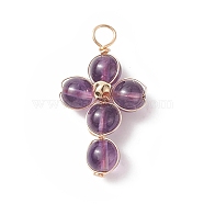Natural Amethyst Copper Wire Wrapped Pendants, Religion Cross Charms, with Brass Beads, Light Gold, 29.5~30x16.5~17x6.5~7mm, Hole: 3.5~4mm(PALLOY-JF01981-04)