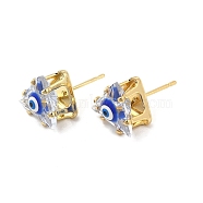 Triangle Glass with Enamel Evil Eye Stud Earrings, Real 18K Gold Plated Brass Jewelry for Women, Blue, 10.5x10.5mm, Pin: 0.7mm(EJEW-P210-01G-09)