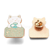 Cat Have a Cup of Tea Enamel Pin, Light Gold Plated Alloy Word I Work Hard So My Cat Can Live A Better Life Badge for Backpack Clothes, Nickel Free & Lead Free, Medium Aquamarine, 32.5x24mm, Pin: 1.2mm(JEWB-N007-251)