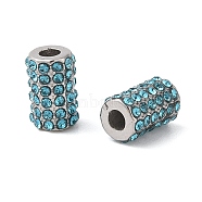 304 Stainless Steel Beads, with Rhinestone, Column, Stainless Steel Color, Aquamarine, 11x7mm, Hole: 3mm(STAS-NH0001-02P-04)