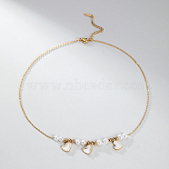 Stainless Steel Heart Bib Necklace with Imitation Pearl Beaded Chains for Women, Real 18K Gold Plated, 15.35 inch(39cm)(TT5673)