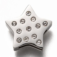 304 Stainless Steel Slide Charms, with Rhinestone, Star, Crystal, Stainless Steel Color, 12x12x3.5mm, Hole: 8x1.5mm(STAS-P270-26P-03)