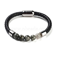 Natural Eagle Eye Stone Round Bead Braided Leather Cord Bracelets for Men Women, with Ion Plating(IP) 304 Stainless Steel Magnetic Clasps, 8-1/4 inch(21cm)(BJEW-A009-11P-06)