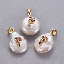 Natural Cultured Freshwater Pearl Pendants, with Brass Micro Pave Cubic Zirconia Findings, Nuggets with Letter, Long-Lasting Plated, Golden, Colorful, Letter.P, 17~27x12~16x6~12mm, Hole: 4x2.5mm(KK-L187-B-01P)