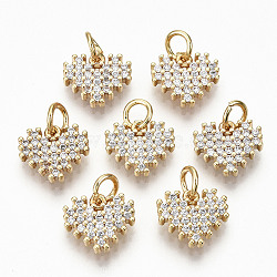 Brass Micro Pave Clear Cubic Zirconia Charms, Nickel Free, Heart, Real 18K Gold Plated, 9x10x2mm, Jump Ring: 5x0.8mm, 3mm inner diameter(RJEW-T063-60G-NF)