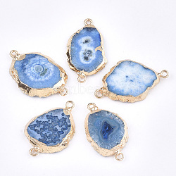 Electroplate Natural Druzy Agate Links connectors, with Iron Findings, Dyed, Golden, Cornflower Blue, 30~45x15~35x3~7.5mm, Hole: 2mm(G-T112-07B)