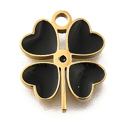 304 Stainless Steel Four Leaf Clover Charms, with Plastic Imitation Shell, Ion Plating(IP), Black, Golden, 11.5x9.5x1.5mm, Hole: 0.6mm(STAS-Q348-14G-01A)