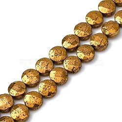 Electroplated Natural Lava Rock Beads Strands, Faceted, Flat Round, Golden Plated, 10~10.5x4.5~5mm, Hole: 0.8~1mm, about 40pcs/strand, 16.14''(41cm)(G-A256-F01-01E)