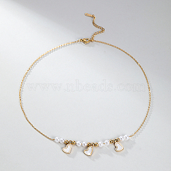 Stainless Steel Heart Bib Necklace with Imitation Pearl Beaded Chains for Women, Real 18K Gold Plated, 15.35 inch(39cm)(TT5673)
