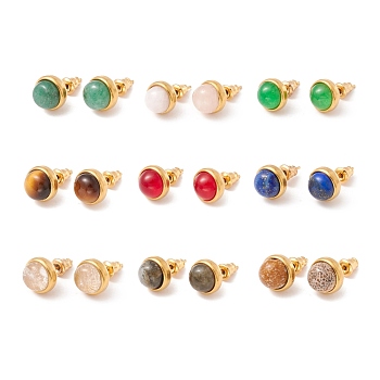 Natural Gemstone Half Round Stud Earrings, Real 18K Gold Plated 304 Stainless Steel Jewelry for Women, 10mm, Pin: 0.8mm