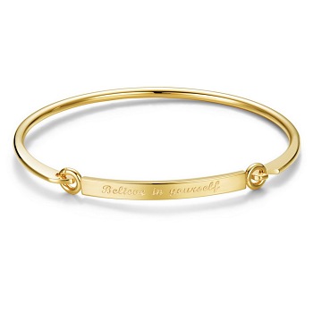 SHEGRACE Fashion Engraved Brass Inspirational Bangle, with Words Believe in Yourself, Real 24K Gold Plated, 7-1/4 inch(18.5cm), 4mm
